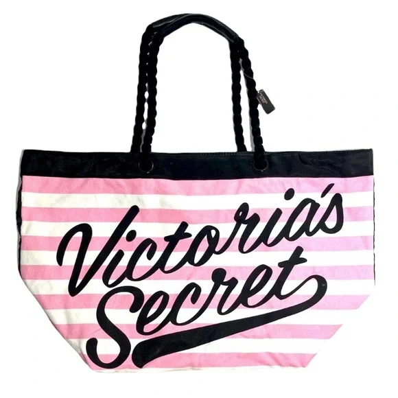 Victoria’s Secret Tote Travel Bag Overnight Weekender Stripes Pink White Black - Picture 9 of 14